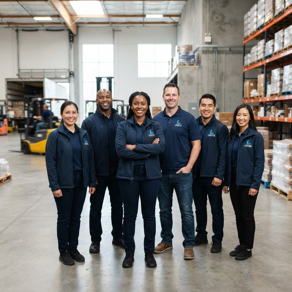 A team wearing matching embroidered navy polo shirts and jackets